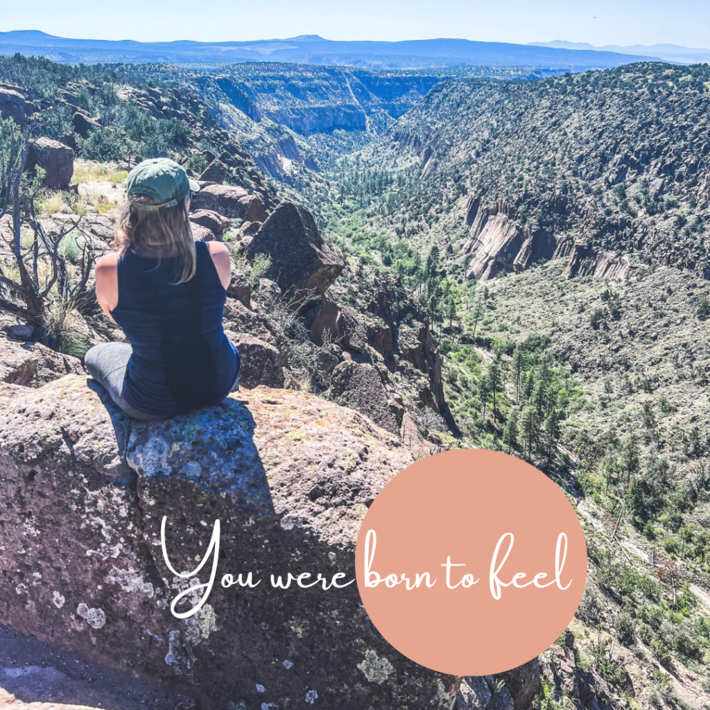 Image of Kristy Sweetland sitting at the side of a great canyon, to signify the complexity of deep experience. 